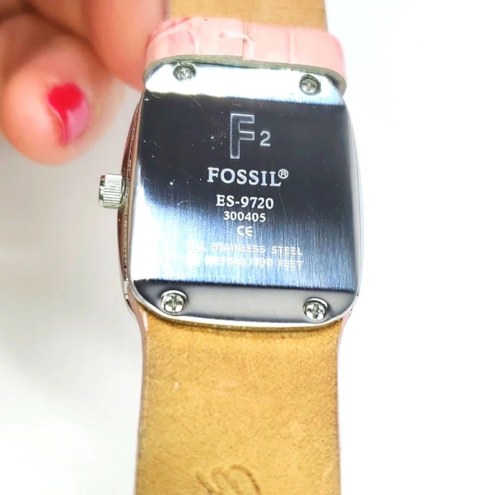 Vintage Fossil Watch F² ES9720 Salmon Leather Wristband Pink Mother of Pearl